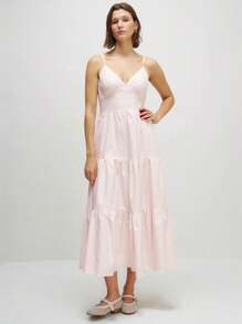 INAWLY Women's Solid Color Ruffle Hem Casual Slip Dress - Baby Pink - View 1
