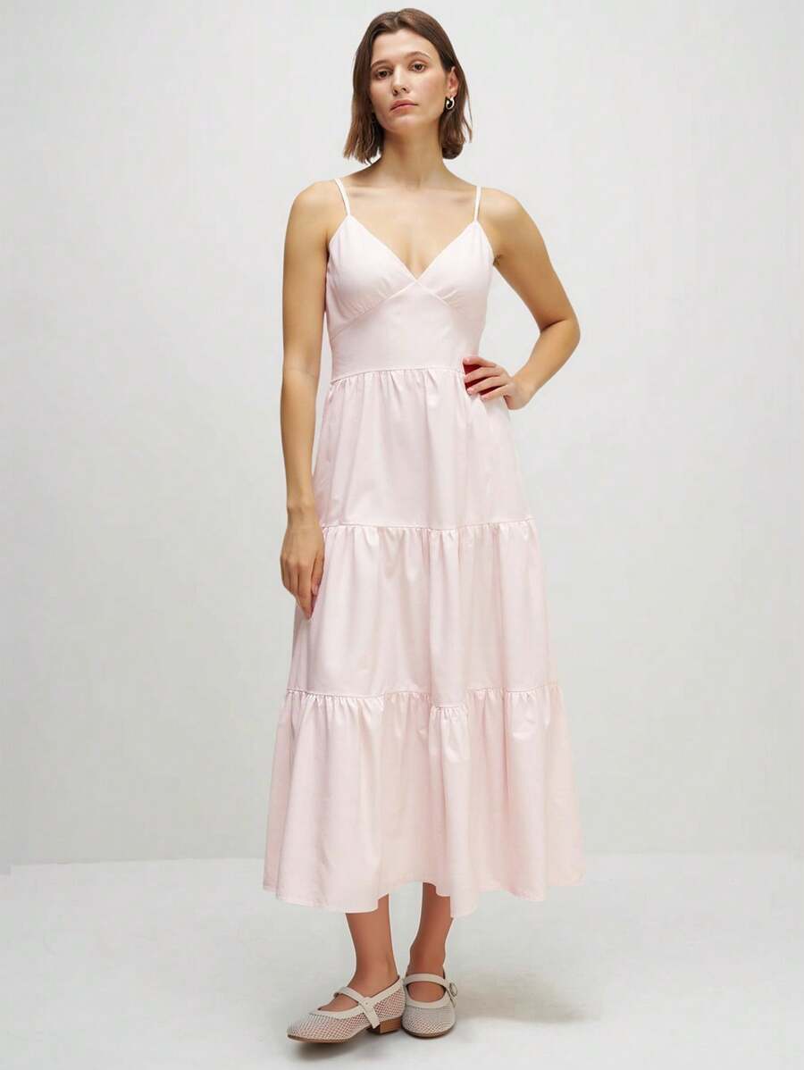 INAWLY Women's Solid Color Ruffle Hem Casual Slip Dress - Baby Pink - View 1