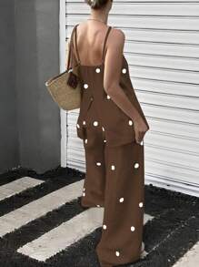 INAWLY Women's Minimalist Polka Dot 2 Pieces Set, Spring/Summer - Coffee Brown - View 2