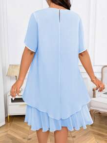 EMERY ROSE 大码女式圆领短袖双层下摆衬里休闲连衣裙，优雅的日常工作装 - 藍色 - 查看 2