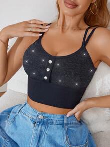 SHEIN 女士闪光胸围纽扣装饰长款文胸 - 黑色 - 查看 4