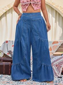 SHEIN LUNE Quần denim ống rộng phong cách nghỉ dưỡng rộng rãi cho nữ cỡ lớn - Rửa trung bình - Xem 1