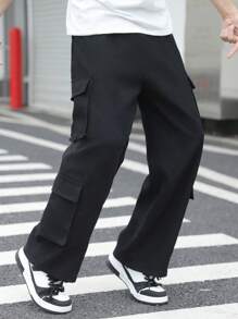 PantsHub 1 件青少年男孩休闲运动学院艺术复古黑色工作服直筒裤，配有大型立体工作口袋，适合返校生日派对、晚会、表演、婚礼、洗礼、开幕式、日常穿着，适合日常使用，适合上学，适合度假和旅行，适合运动，适合春夏季节