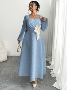 Modelyn Plus Size Women's Textured Fabric Summer Regular Shoulder Lantern Sleeve V-Neck Pleated Midi Dress Fall Cloth For Women - Blue - View 6