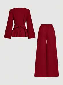 Firerie 2 件女士秋冬系带长袖衬衫上衣和美人鱼下摆半身裙套装、开叉袖衬衫套装、铅笔裙套装、优雅/通勤/日常/商务/度假/职业装