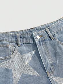 ROMWE MEN Prep 男士休闲街头风五角星水钻纽扣牛仔短裤 - 淺色水洗藍 - 查看 3