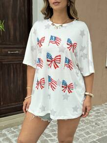 SHEIN LUNE Camiseta de manga corta de talla grande con impresión de bandera, lazo y estrella de los Estados Unidos de América para el Día de la Independencia, verano - Blanco - Ver 5