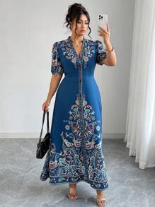 Elenzga Đầm maxi dài tay ngắn cổ chữ V cài một hàng khuy dành cho nữ cỡ lớn, kiểu boho in họa tiết, thích hợp mặc thường ngày hoặc đi nghỉ dưỡng. Đầm nữ thường ngày, đầm công sở, đầm hè, đầm dự tiệc sinh nhật, quần áo nữ mùa hè. - Màu xanh hải quân - Xem 4