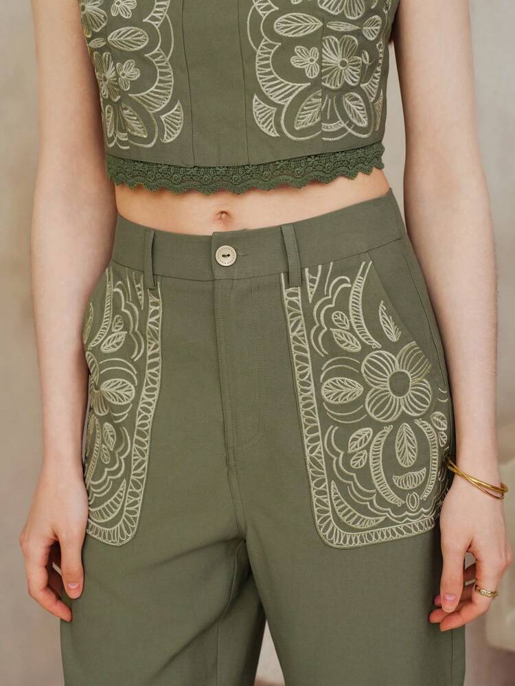 LINEN EMBROIDERY SLANT POCKET PANTS