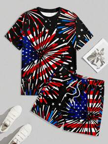 Manfinity Homme Men's U.S. Flag Print T-Shirt Set, Suitable For Summer, Independence Day,4th Of July American Flag Clothes Men 4th Of July Outfit Men - Black - View 4