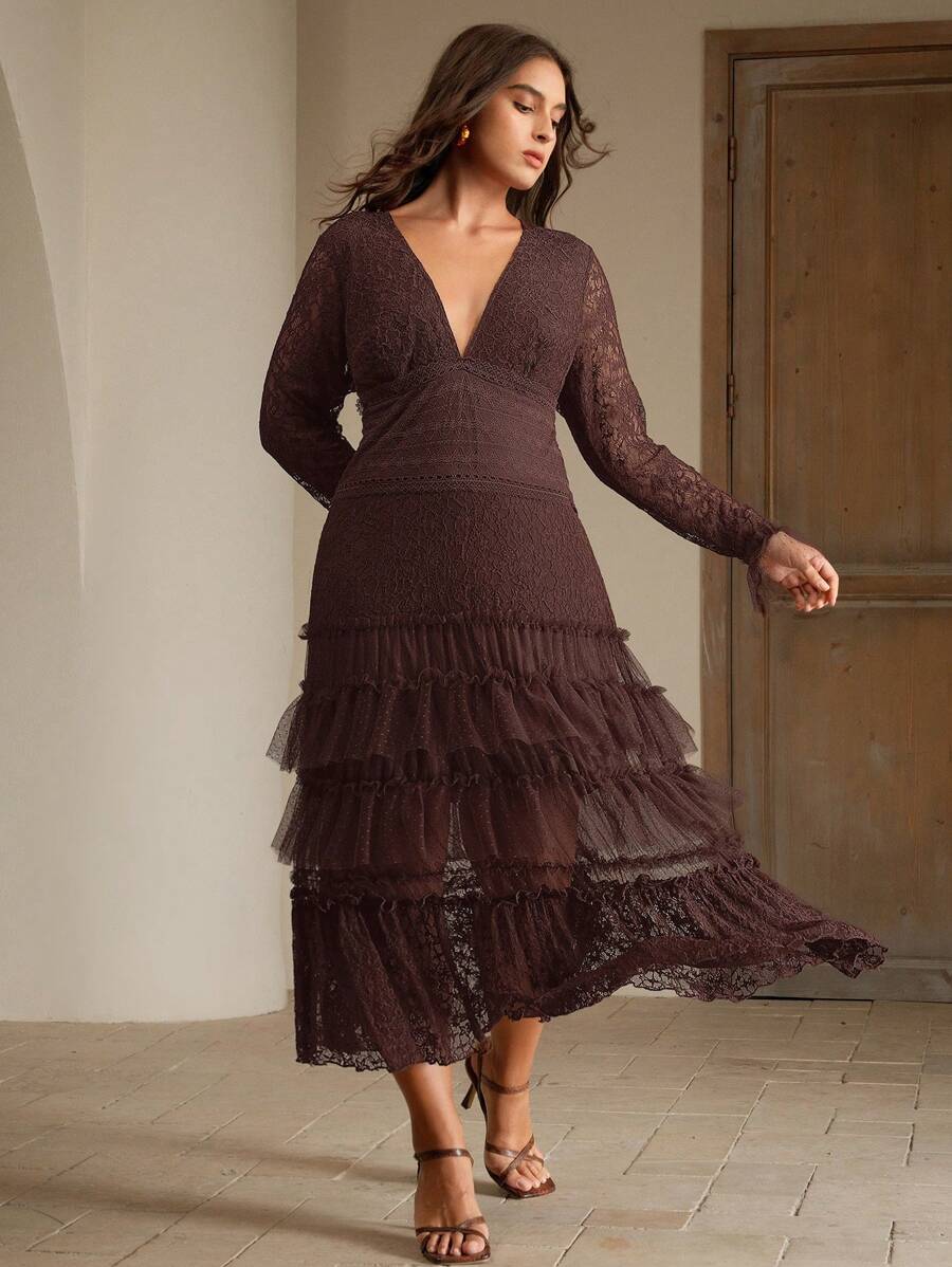 Anewsta 大码女式蕾丝长袖 A 字长裙，优雅适合节日、度假、假日和休闲装，春夏季 - 棕色 - 查看 1