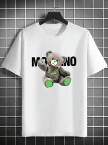Manfinity Dauomo Camiseta casual adorable de manga corta y cuello redondo con estampado de oso lindo y de moda para vacaciones para hombre