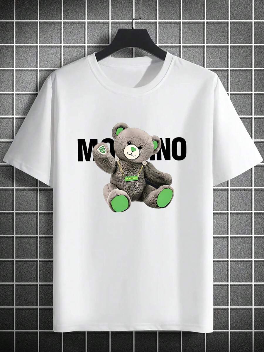 Manfinity Dauomo Camiseta casual adorable de manga corta y cuello redondo con estampado de oso lindo y de moda para vacaciones para hombre