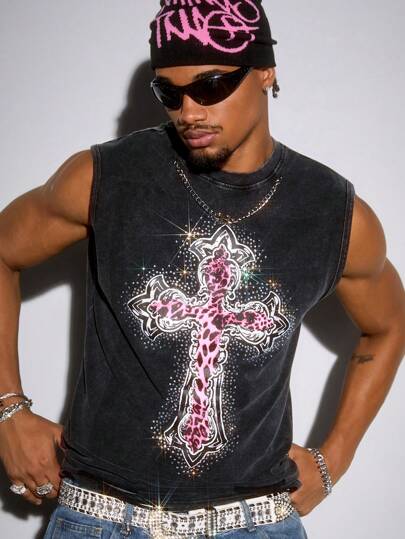 Goth Camiseta de tirantes informal y casual para hombre con cuello redondo, estilo callejero y efecto desgastado con aplicaciones de rhinestone