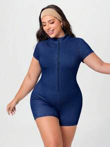 SHEIN Essnce Plus Size Knitted Denim Jumpsuit, Vacation Text, Tight & Stretchy