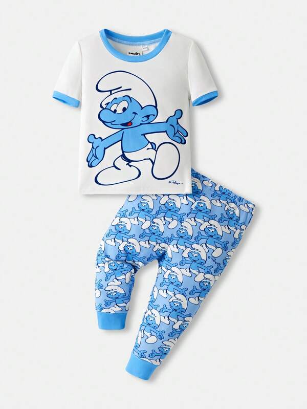 SHEIN X The Smurfs Baby Boy Cartoon Pattern Casual White Short Sleeve T-Shirt And Blue Skinny Pants Pajama Set