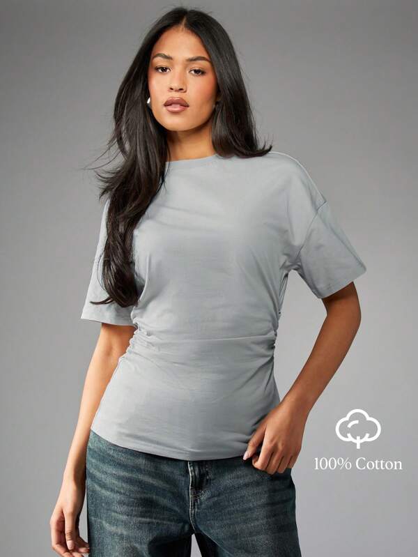 MISSGUIDED T-Shirt With Cinched Waist Detail Short Sleeve Cotton Blend Casual Modern Fashion Statement Piece Perfect For Work Office Daily Wear Spring Summer