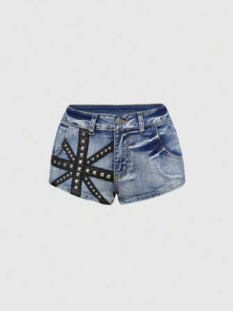 Grunge Punk Shorts vaqueros cortos de mujer con decoración de remaches y bandera americana, estilo Y2K Baddie para el 4 de julio