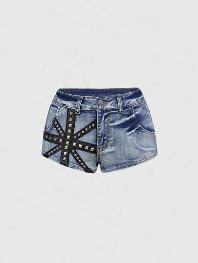 Grunge Punk Y2K Baddie 4. Juli Amerikanische Flagge Nieten Dekor Damen Jeans Mini Shorts