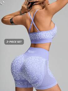 Innovista Leopard Print Seamless Gym Set Sport High Support Wild Animal Pattern Quick Dry Athleisure Yoga Pilates HIIT Training Office To Gym Leggings Running Sportswear Fall Clothing Printed Bra T-Shirt Crop Top With UV Protection Leggings Functional, Mesh Breathable, Tummy Control Compression Cardio Running Outdoor Sports Health, Women Athletic Set - Mauve Purple - View 2
