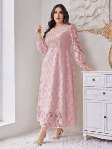 Modelyn Plus Size Women's Solid Color Simple Daily Lace Decorated Dress,Elegant Evening Party Dress Long Evening Dresses - Dusty Pink - View 6
