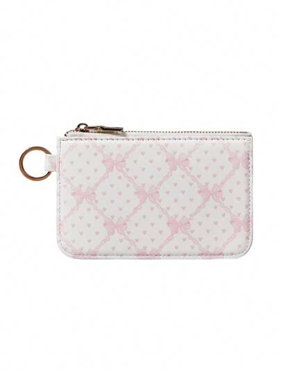 Kawaii محفظة/حامل بطاقات مطبوع عليها فيونكة وردية لطيفة وحلوة مع حزام، بطراز فتياني