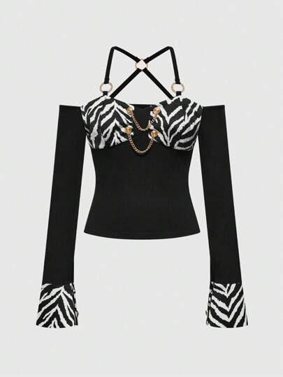 J-Fashion Y2K Retro Gyaru Shibuya Gal Sexy Zebra Stripe Halter Neck Off-Shoulder Splicing Chain Decor Women T-Shirt