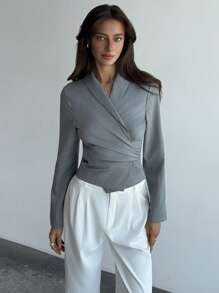 Aloruh 1pc Elegant Commuter Bowknot Cinched Waist V-Neck Minimalist Gray Long Sleeve Blazer, Versatile In Fall/Winter