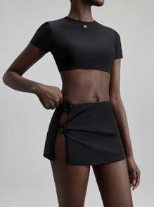 Ontre Women's Black Summer Cute Beach Party Swimwear Set, Resin Ring Design Round Neck Short Sleeve Top&Skirt-Style Swim Bottoms, Old Money Holiday Apparel - Black - View 1