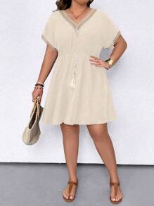 SHEIN LUNE Plus Size Women Contrast Lace Bat Sleeve Waist Tied Summer Dress