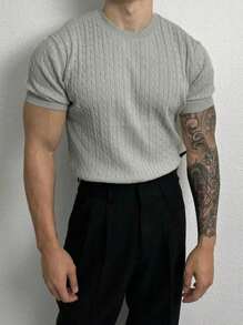 Manfinity Homme 男式纯色麻花图案圆领短袖针织毛衣 - 淺灰色 - 查看 4