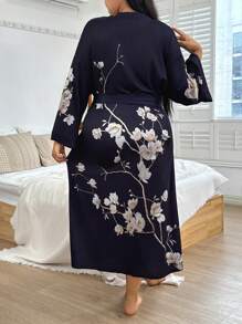 SHEIN Robe longue d'été élégante à imprimé floral noir avec ceinture, pour l'automne et l'hiver, grande taille - Noir - Voir 2