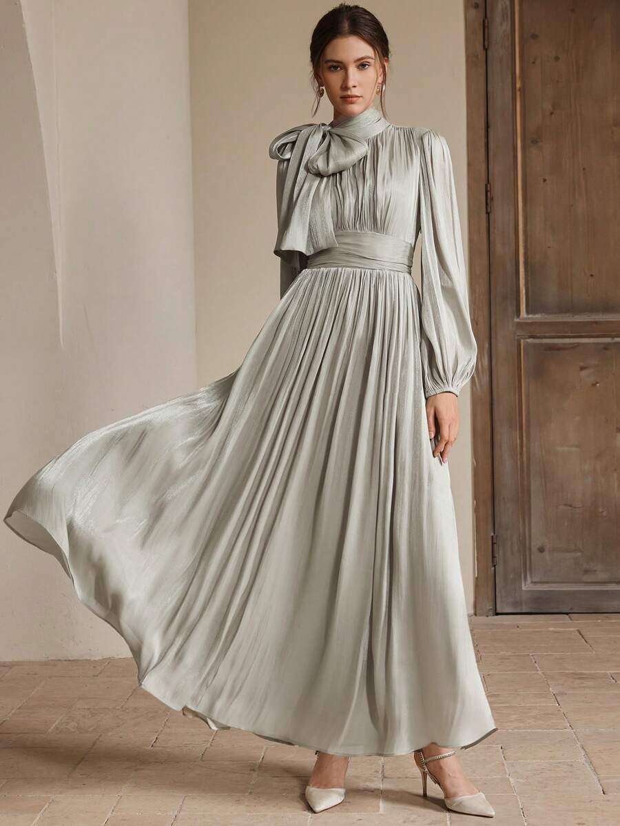 Anewsta Women's Long Grayish Green Dress, Pleated Waist, Shiny Fabric, Elegant & Versatile, Spring/Autumn - Turquoise - View 1