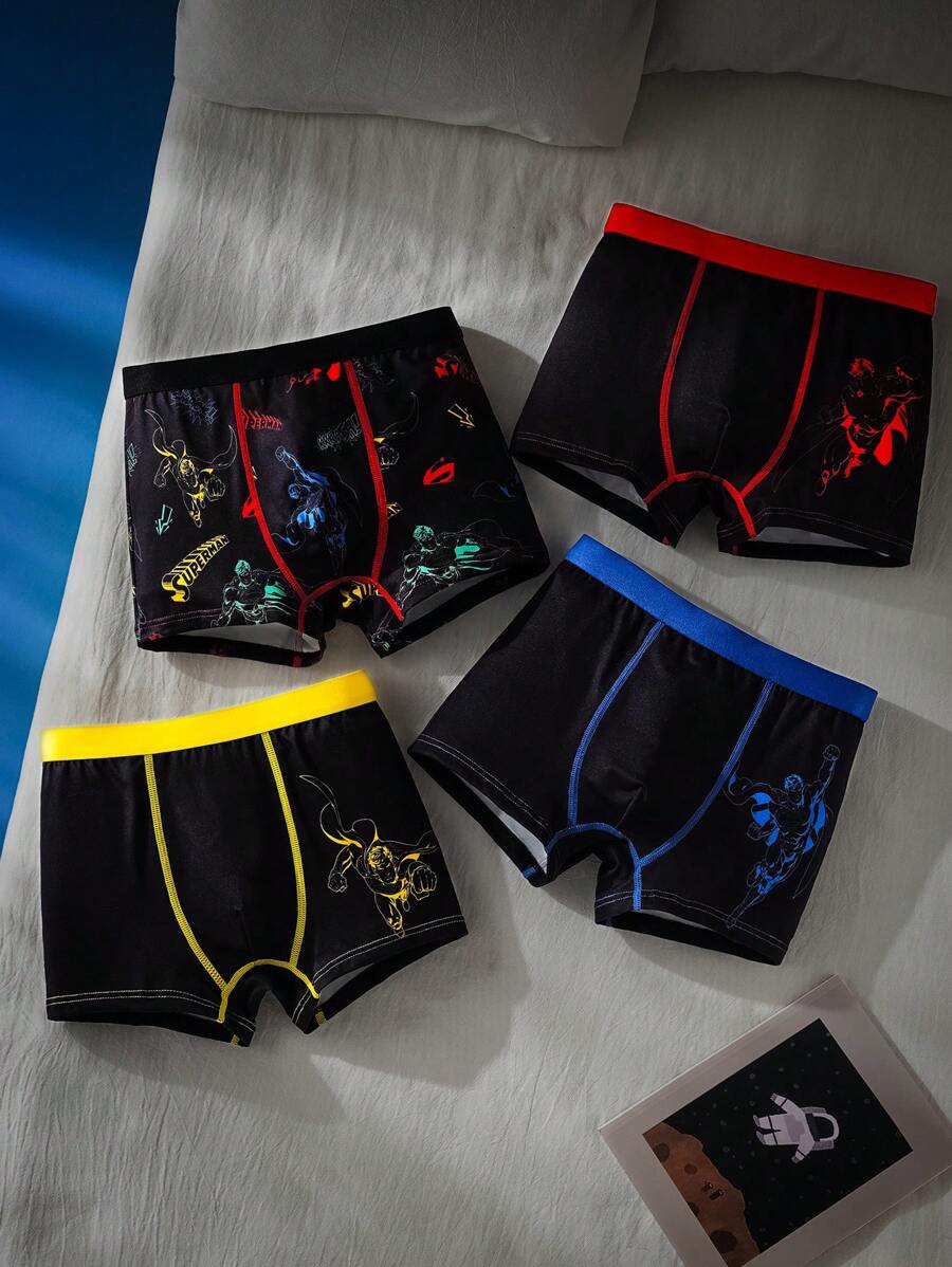 SUPERMAN X SHEIN 4 件套 Tween Boy 撞色装饰图案平角内裤套装