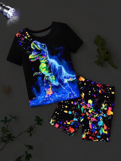 2pcs Young Boys Pajamas Set, Tight Fit Nightglow Dinosaur Print & Splatter Pattern Short Sleeve Tee And Stretch Shorts, Comfortable Knit Fabric Sleepwear, Machine Washable (1 Set Sold Separately)