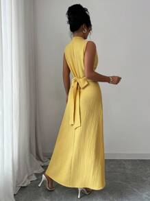 Elenzga Elenzga Women's Solid Color Elegant Asymmetric One-Piece Self-Tie Ruched Deep V Faux Denim Maxi Dress,Asymmetrical,Pleated,Fit,Knot,Deep V-Neck, V-Neck,Sleeveless,Wrap Dresses,Yellow,Texture Fabric,Stretch Fabric,Elegant Lady,Elegant,Going Out,Summer,Long Dresses