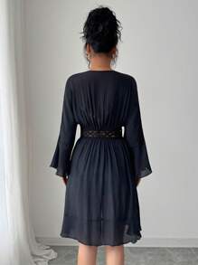 Elenzga Elenzga Women's Summer V-Neck Waistline Embroidered Lace Trim Design Shirt, Front Tie Detail, Flare Cuffs & Hem, Hollow Waist Pleated Sheer Elegant Mid-Length Blouse, Suitable For Everyday & Casual Wear