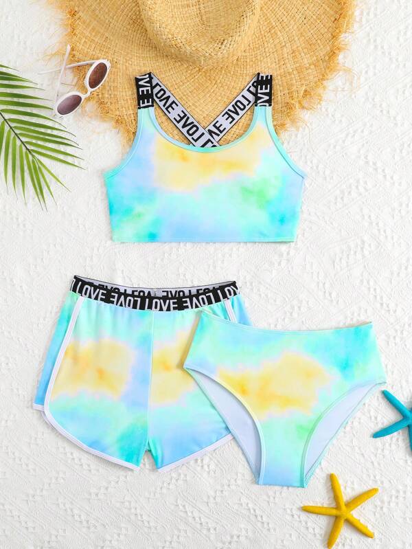 3pcs/Set Girls Cute Love Ribbon Tie-Dye Swimsuit (Printed Design Random) Young Girl Summer Outfits Young Girls Sets Summer Sets For Girls Girl Summer Sets Cute Summer Sets For Girls Summer Holiday