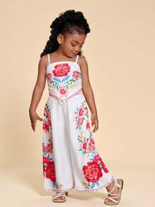 Travachic KIDS 2pcs/Set Young Girl Ditsy Floral Knitted Camisole Top And Loose Casual Long Pants, Set - Apricot - View 5