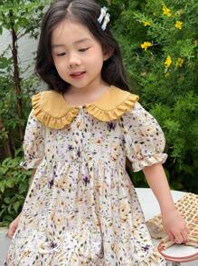 SHEIN 小女孩日韩公主风黄色碎花领荷叶边袖连衣裙 - 彩色 - 查看 8