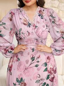 Modelyn 大码女式花卉蕾丝褶饰腰长袖阿拉伯风格连衣裙 - 粉色 - 查看 1