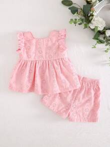 Cozy Pixies Baby Girl Embroidered Hollow Pattern Crew Neck Sleeveless Cardigan Top And Elastic Waist Shorts 2 Pieces Set Baby Girl Clothes Summer Sets 2pc Baby Girl Set Pink Set For Baby Girl Toddler Girl Summer Outfit Baby Girl Eyelet Set