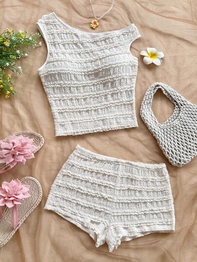 Soleia 2 件女式红白条纹针织不对称领口短款上衣和超低腰紧身短裤套装，适合度假、派对、圣诞节、情人节、约会、海滩、游轮、狂欢节、复活节