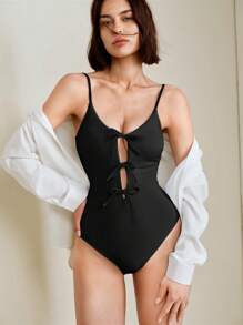 Swim Mod 1 件女士蓝色蝴蝶结竖条纹连体泳衣，可爱清新，适合春季、夏季、度假、海滩 - 黑色 - 查看 4