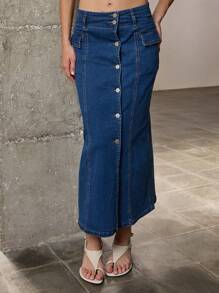 Nöista Damen Jeans-Rock, lässig, locker, seitlicher Schlitz, blaue Midi-Länge Rock, langer Damen-Rock, dunkelblauer Rock, Sommer-Damenkleidung mit Knopfdetails - Blau - Übersicht 5