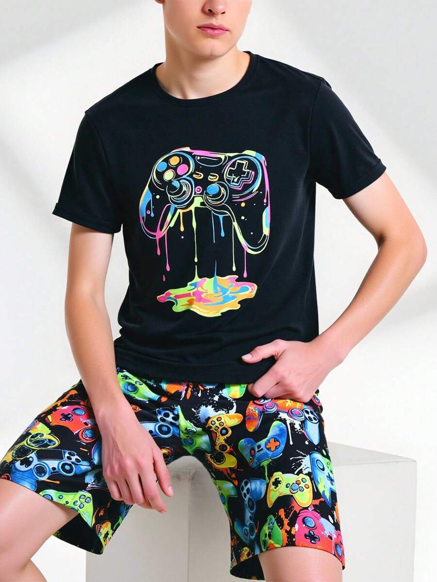 2Pcs/Set Teenage Boys Luminous Gamepad Graphic Print Glow-In-The-Dark Tight Fitting Crew Neck Short Sleeve Top & Long Pants Pajamas Set - Multicolor - View 1