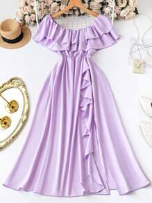 DreamSkyne Romantic Date  Plus Size Women Solid Chiffon Off Shoulder Cinched Waist A-Line Mid-Length Dress For Date