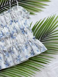 Soleia 浪漫花卉网纱吊带背心，适合度假、返校、毕业季，荷叶边下摆，夏季情人节必备 - 彩色 - 查看 7