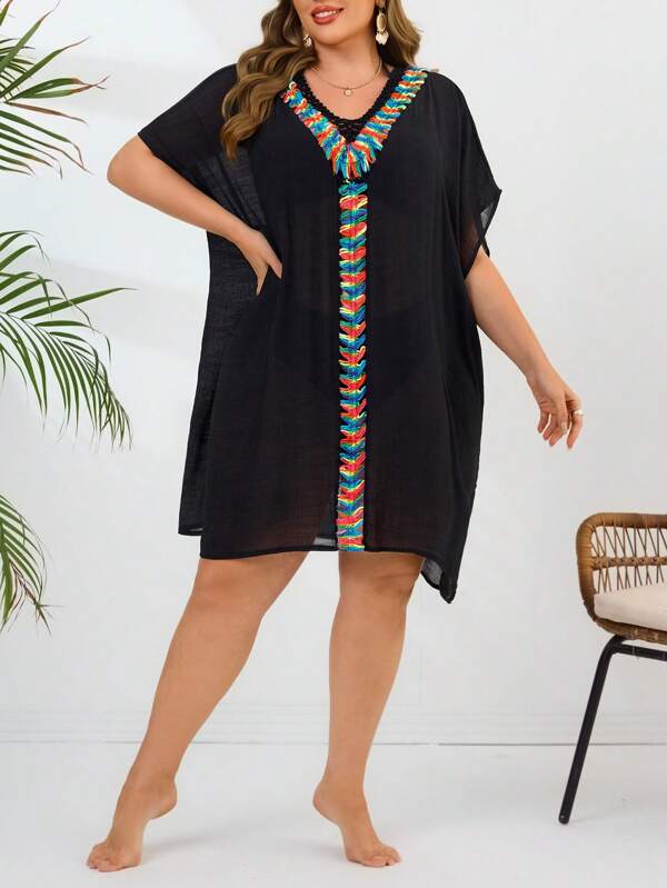 Swim Lushoire 1 pieza Vestido/Cubrecuerpo casual de verano para la playa con manga de murciélago cuadrada y adorno de ganchillo en negro para mujer