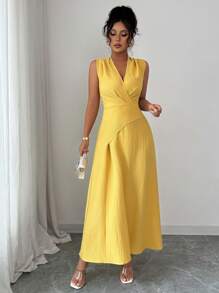 Elenzga Elenzga Women's Solid Color Elegant Asymmetric One-Piece Self-Tie Ruched Deep V Faux Denim Maxi Dress,Asymmetrical,Pleated,Fit,Knot,Deep V-Neck, V-Neck,Sleeveless,Wrap Dresses,Yellow,Texture Fabric,Stretch Fabric,Elegant Lady,Elegant,Going Out,Summer,Long Dresses